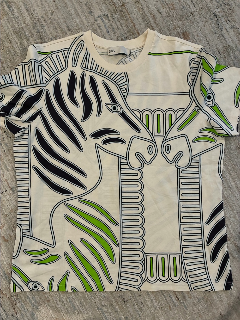 Ladies Tory Burch  Zebra Graphic Tee in White with Black & Lime - Ivory Crew